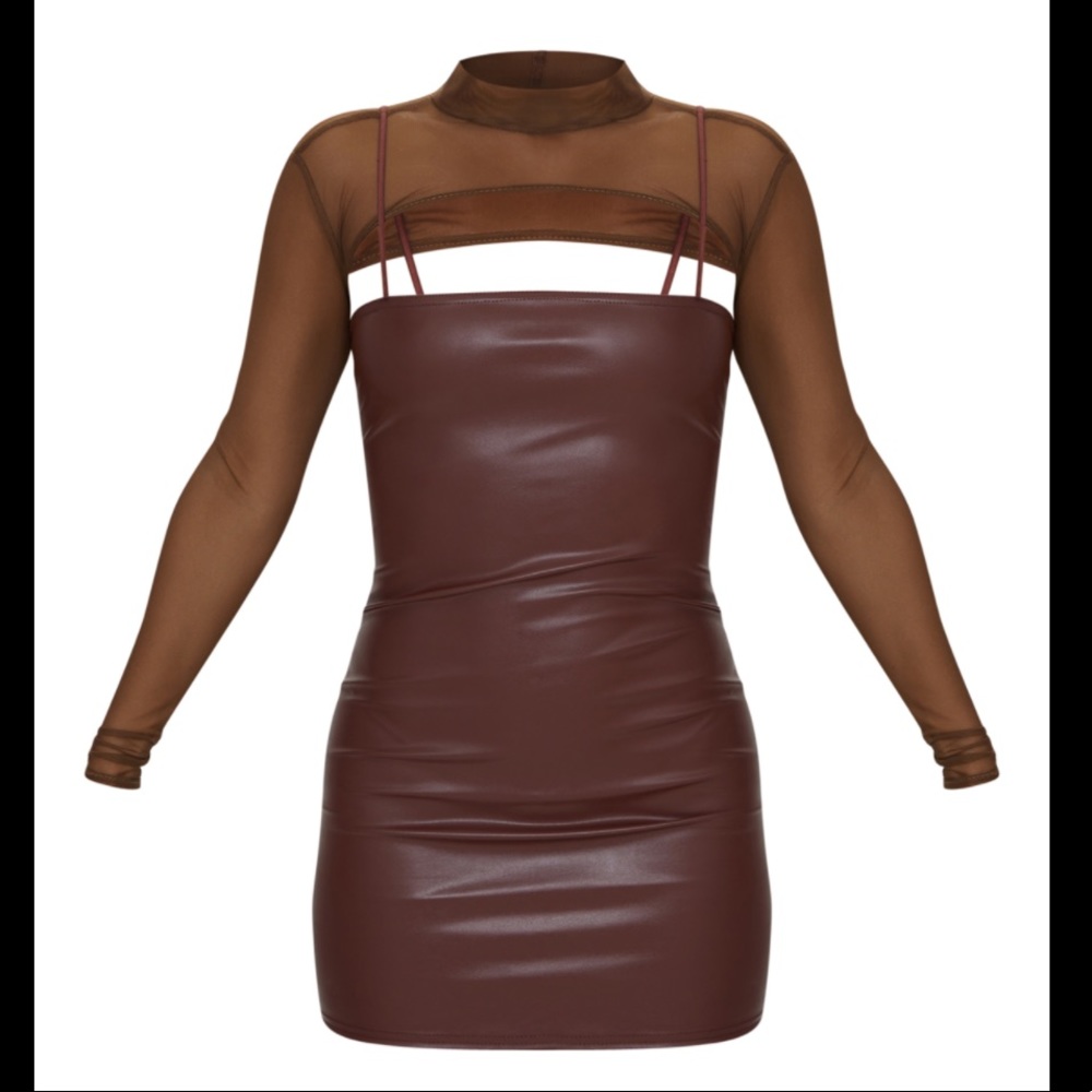 Chocolate mesh layer PU bodycon mini dress LEATHER BROWN